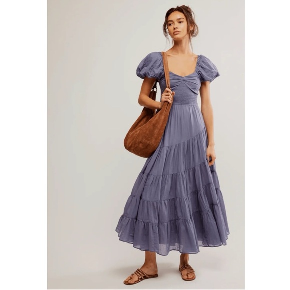 Free People Dainty Ethereal Sundrenched Short Sleeve Maxi Size Large Periwinkle - Picture 3 of 16